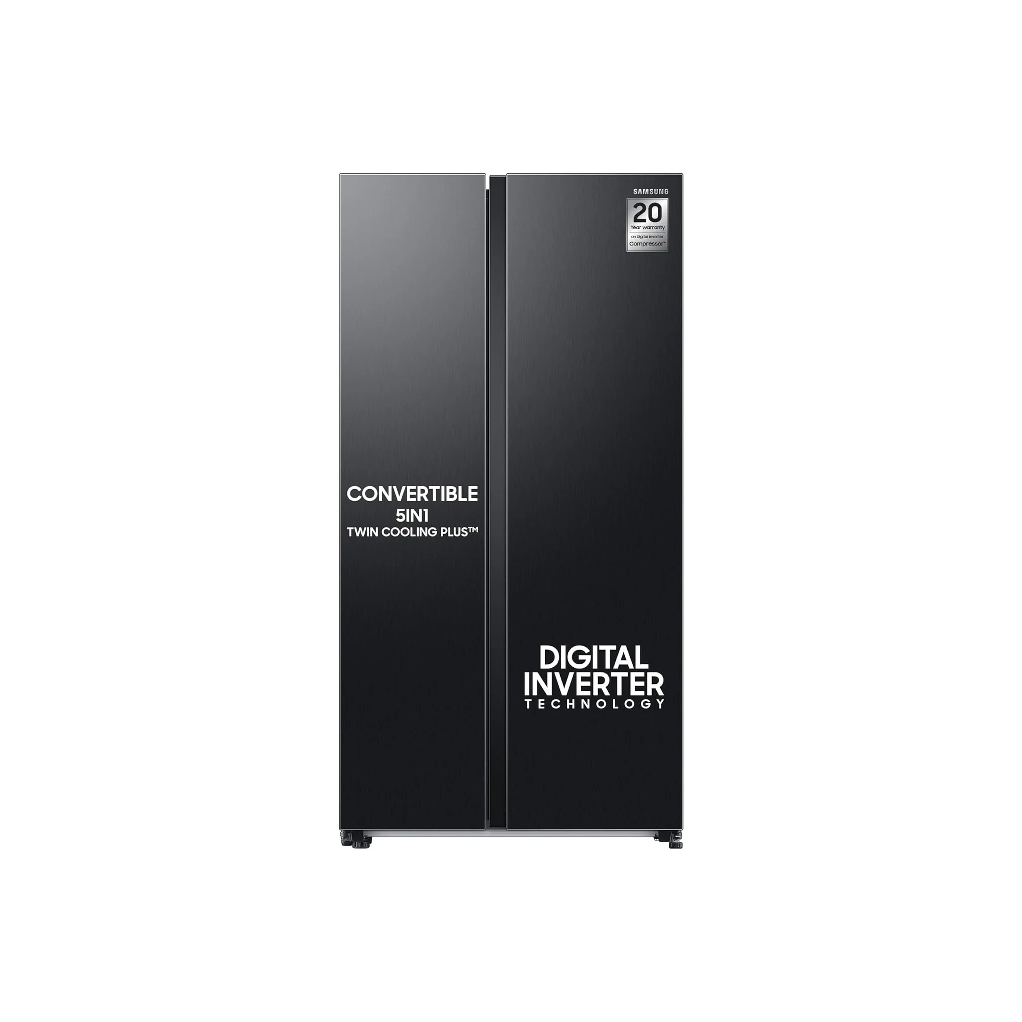 Black refrigerator with text on a white background