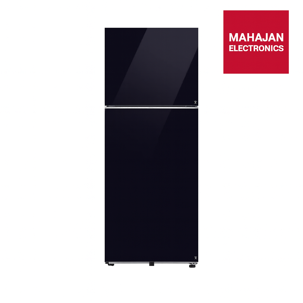 Black refrigerator with Mahajan Electronics logo on a white background