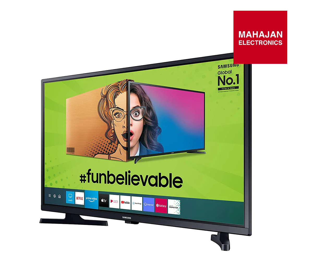 Samsung TV with a promotional graphic on the screen, featuring the Mahajan Electronics logo.