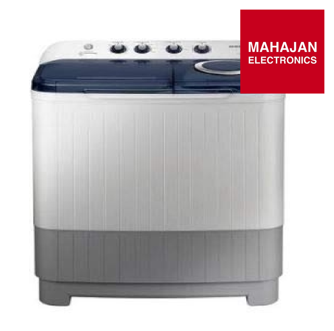 White and gray washing machine with Mahajan Electronics logo on a white background