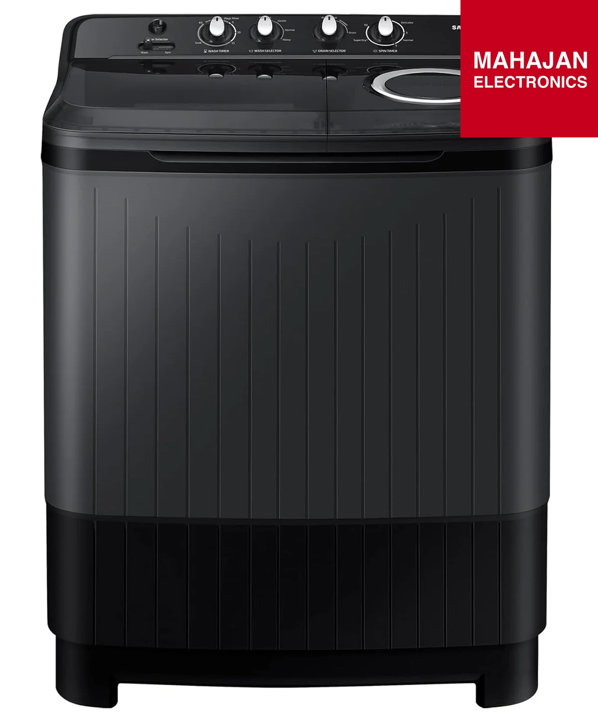 Black washing machine with Mahajan Electronics logo on a white background