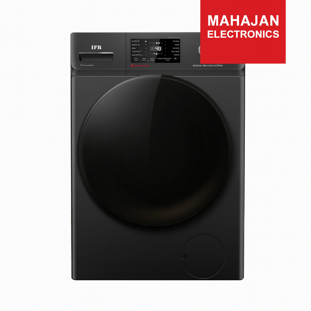 Black washing machine with MAHAJAN ELECTRONICS logo on a white background