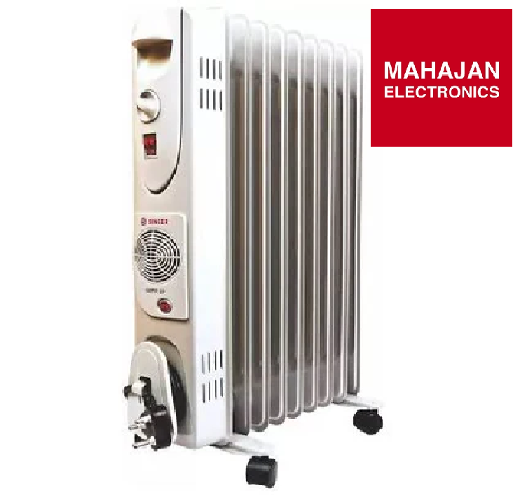 Oil-filled radiator with Mahajan Electronics logo on a white background