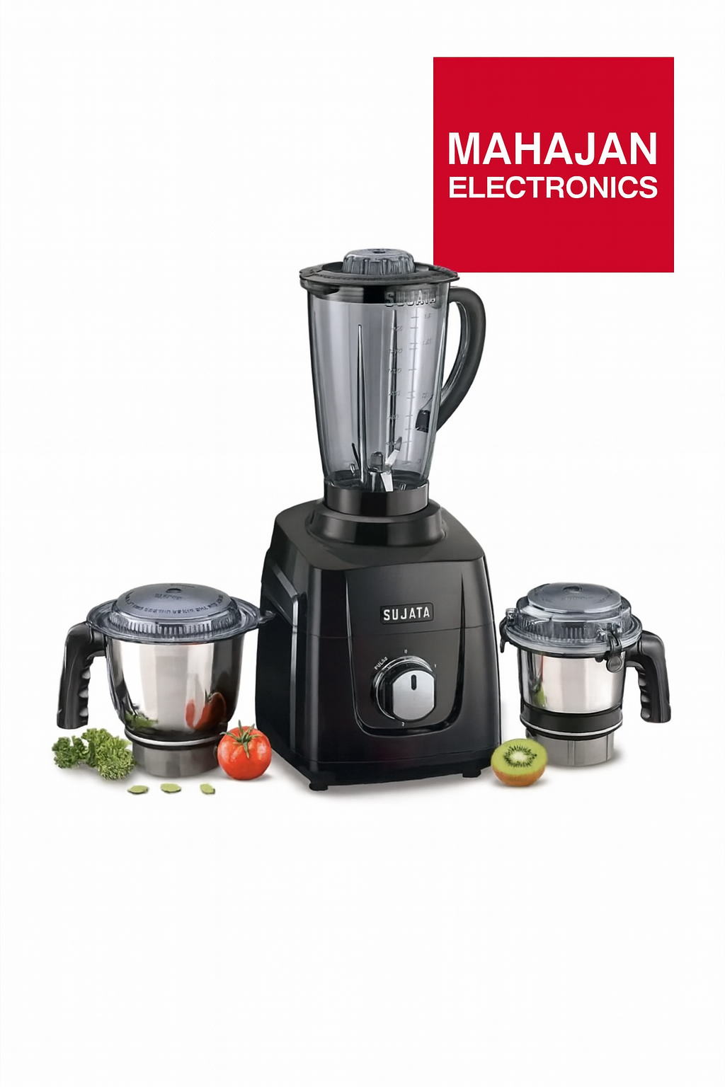 Black blender with two additional jars on a white background, featuring the Mahajan Electronics logo.