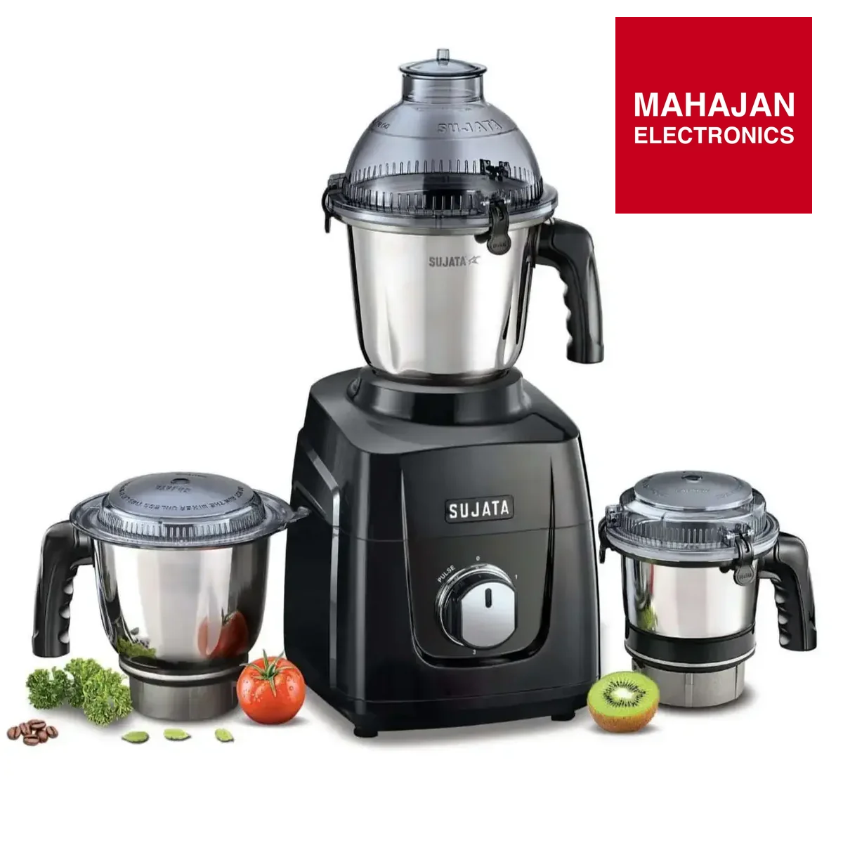 Sujata blender with three jars on a white background, featuring Mahajan Electronics logo.