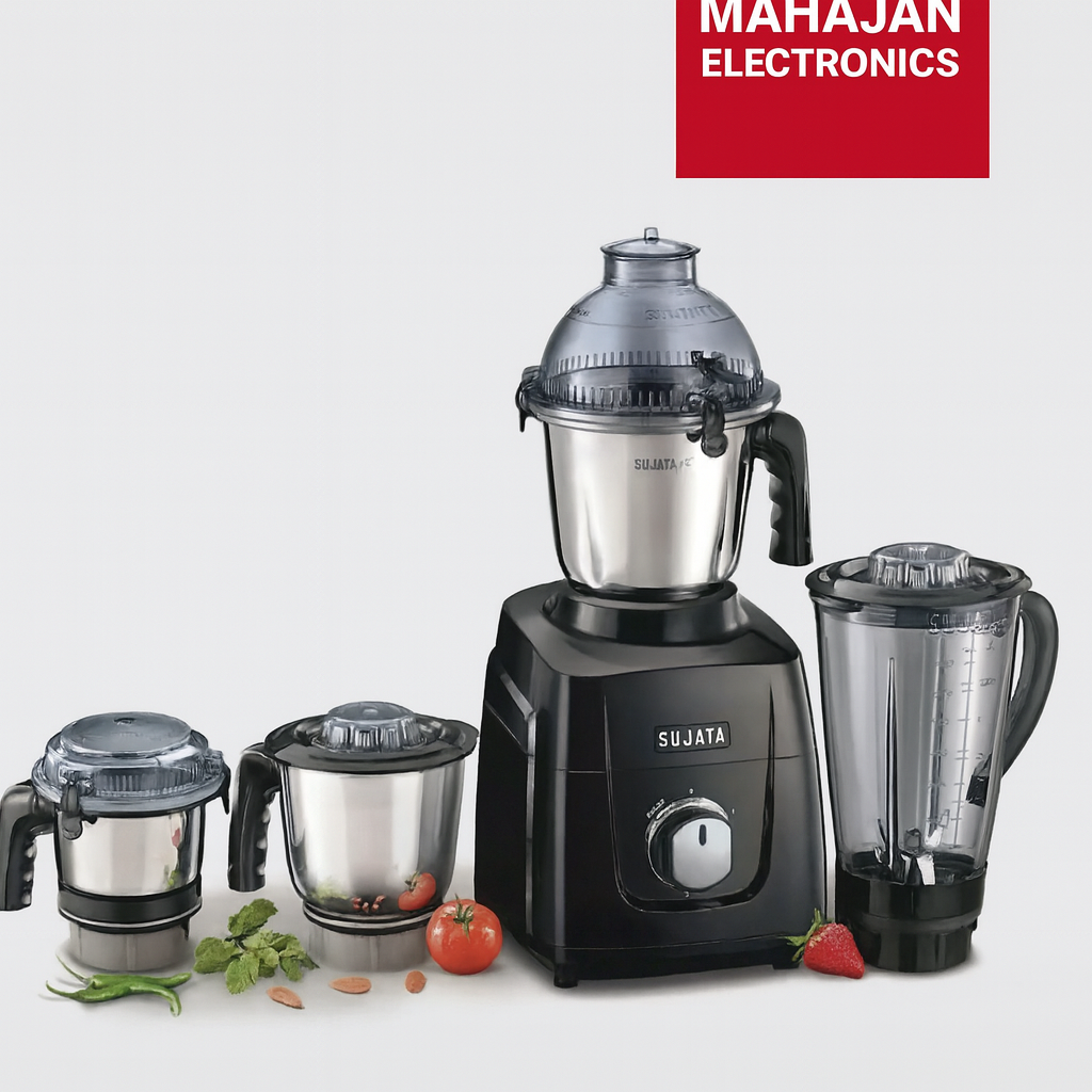 Sujata blender set with attachments on a white background, featuring Mahajan Electronics logo.