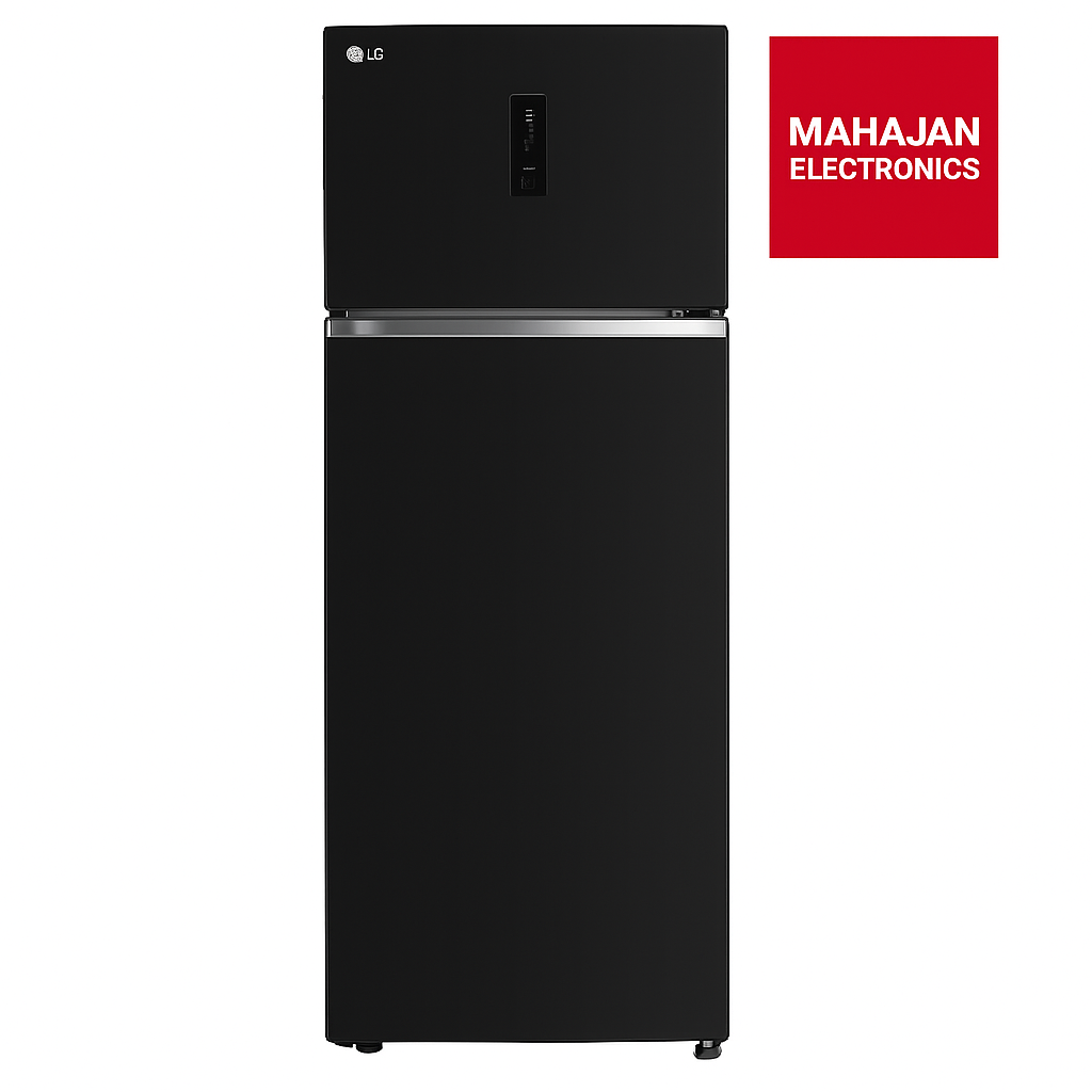 Black refrigerator with Mahajan Electronics logo on a white background