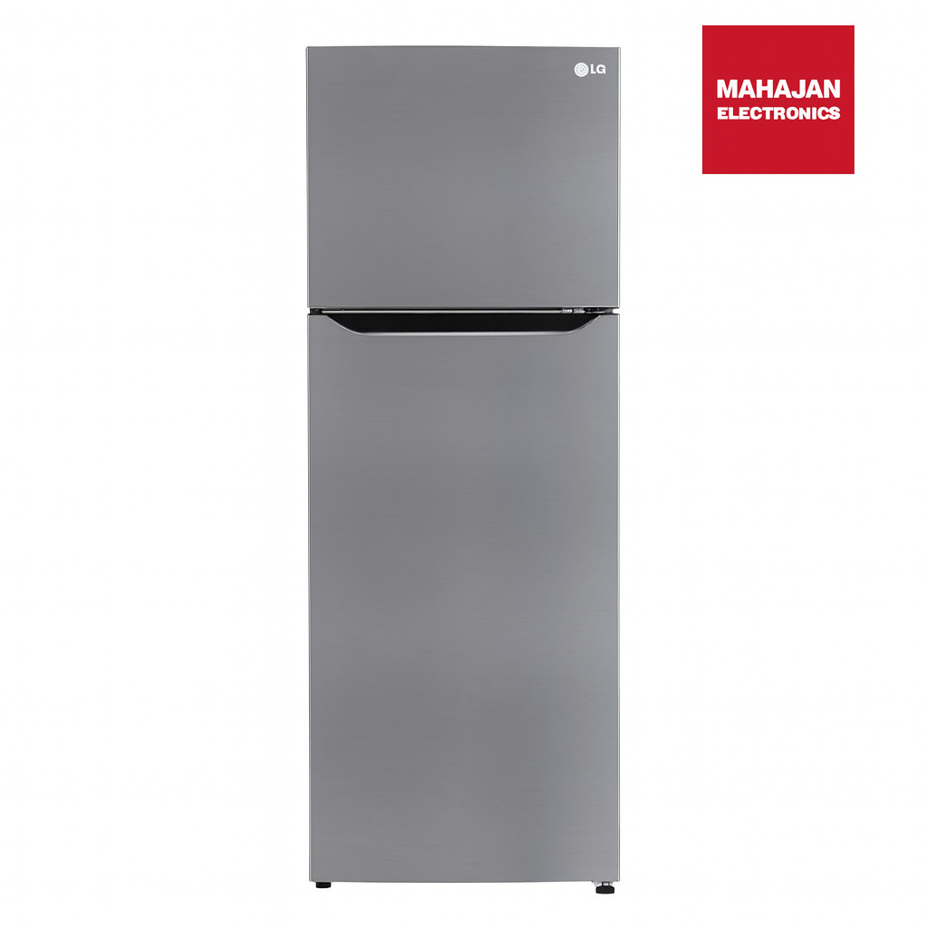 Gray refrigerator with Mahajan Electronics logo on a white background