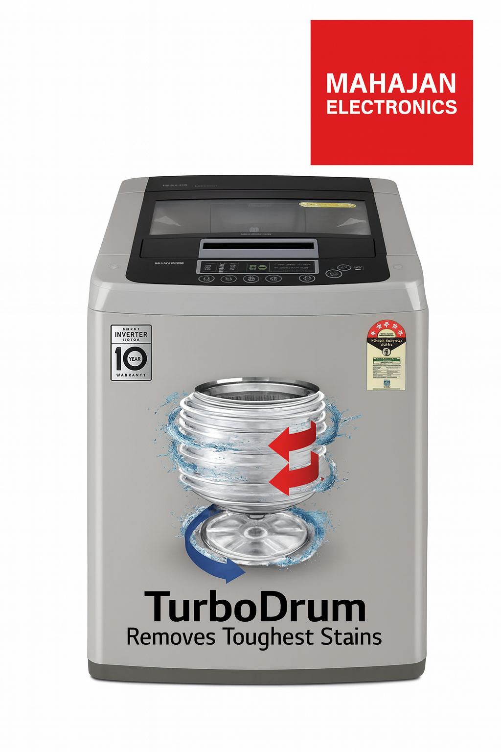 Washing machine with TurboDrum feature and Mahajan Electronics logo on a white background
