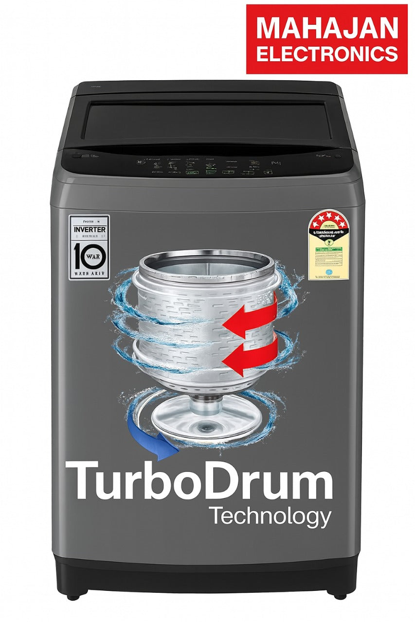 Twin-wash washing machine with TurboDrum technology and Mahajan Electronics branding.