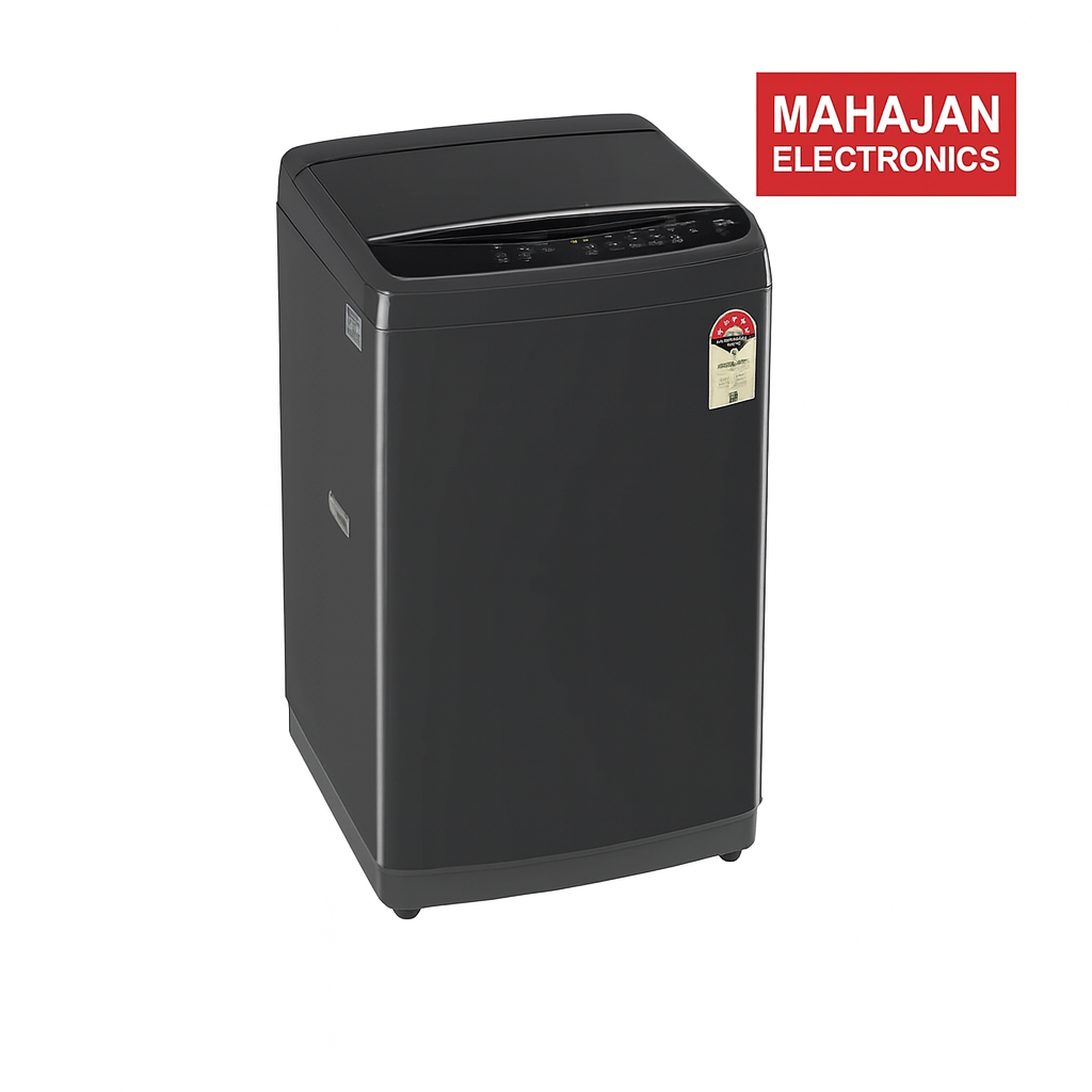 Black washing machine with Mahajan Electronics logo on a white background