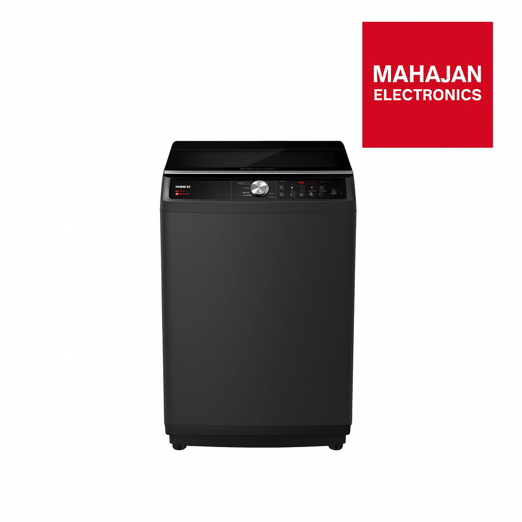 Black washing machine with Mahajan Electronics logo on a white background