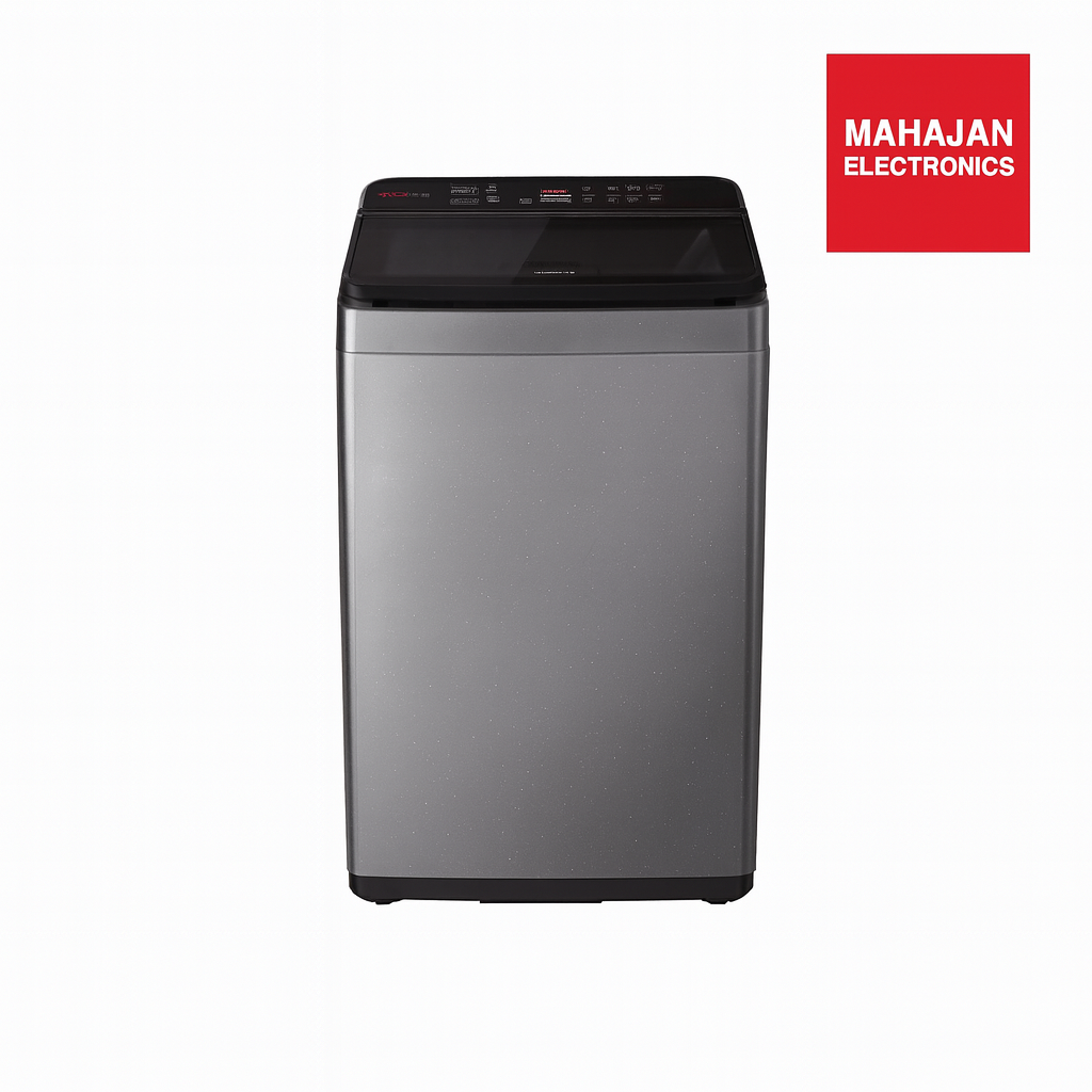 Silver washing machine with Mahajan Electronics logo on a white background