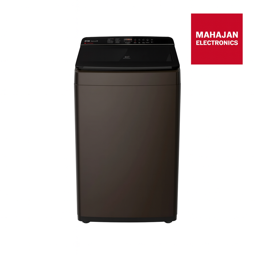Black washing machine with Mahajan Electronics logo on a white background