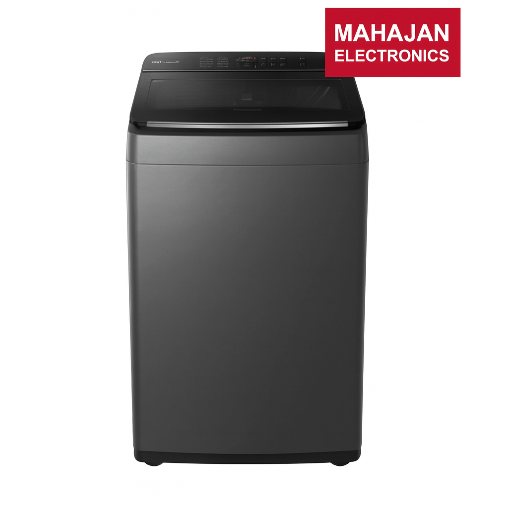 Black washing machine with Mahajan Electronics logo on a white background