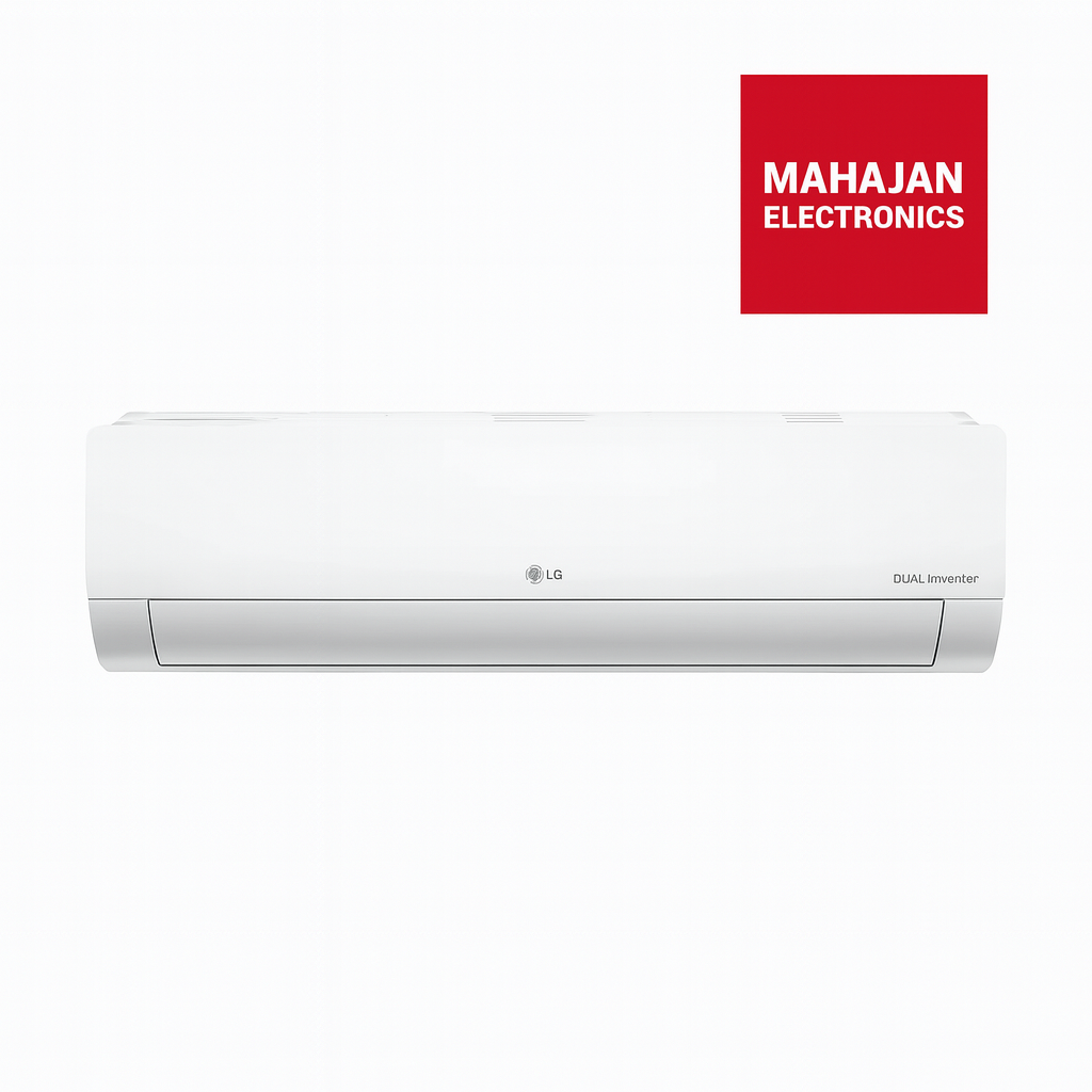 White air conditioner with Mahajan Electronics logo on a white background