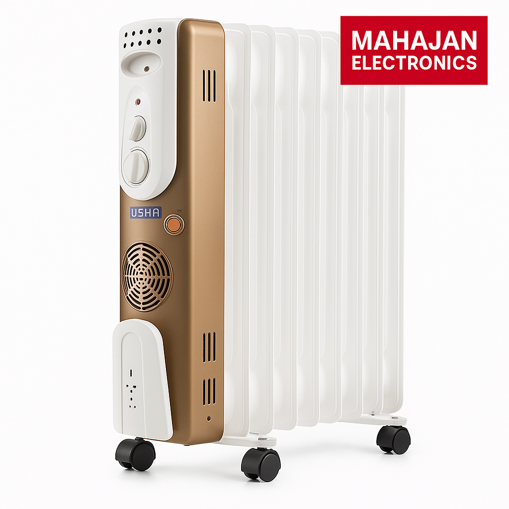 Oil-filled radiator heater with Usha branding on a white background, featuring the Mahajan Electronics logo.