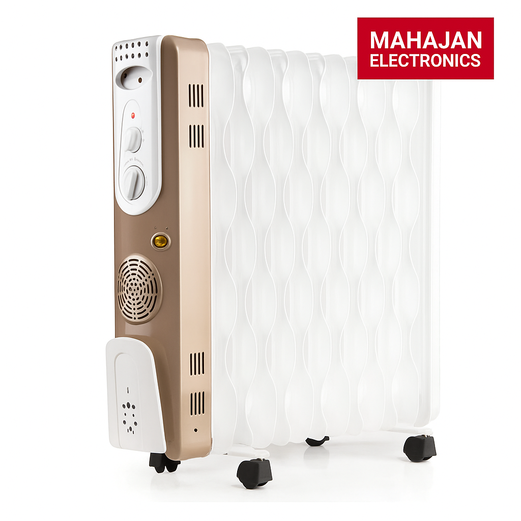 Electric heater with MAHAJAN ELECTRONICS logo on a white background