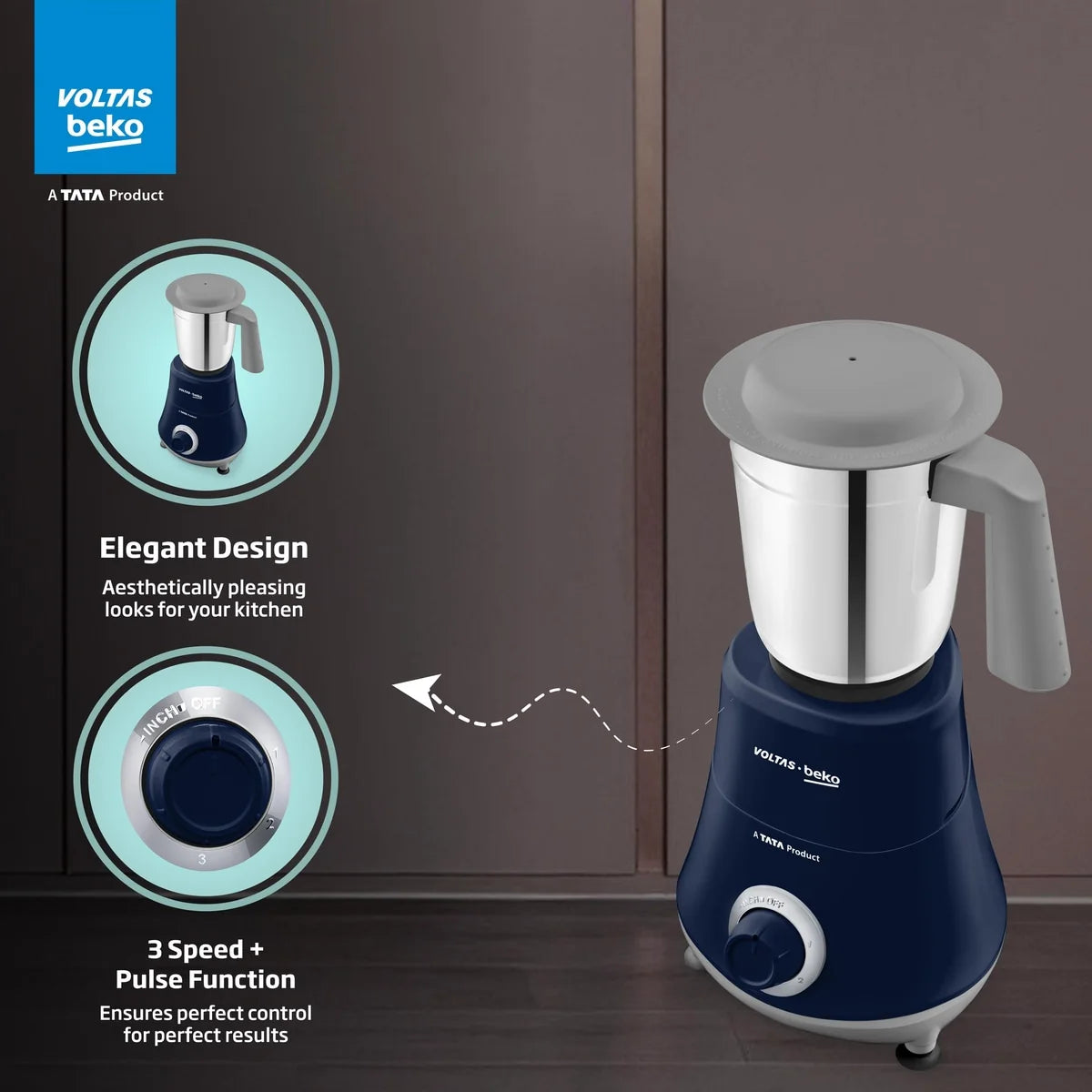 Voltas Beko 500W Mixer Grinder (G5003HP-DB, Blue) | 3 Jars | 20,000 RPM | Stainless Steel Blades | Compact Design- Online Mahajan Electronics