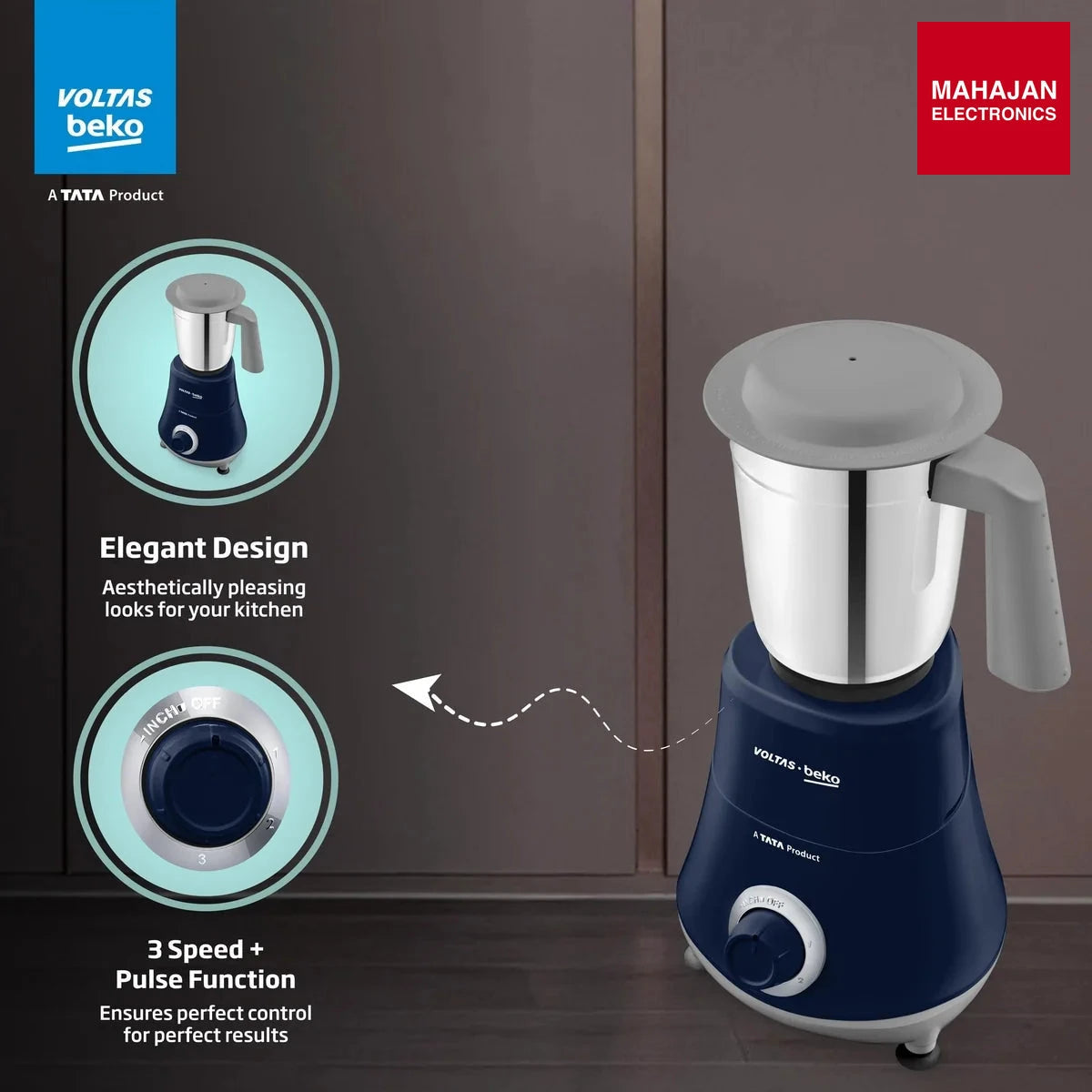 Voltas Beko G5003HP-DB 500W mixer grinder, blue, 3 jars and stainless steel blades โ Mahajan Electronics Online.
