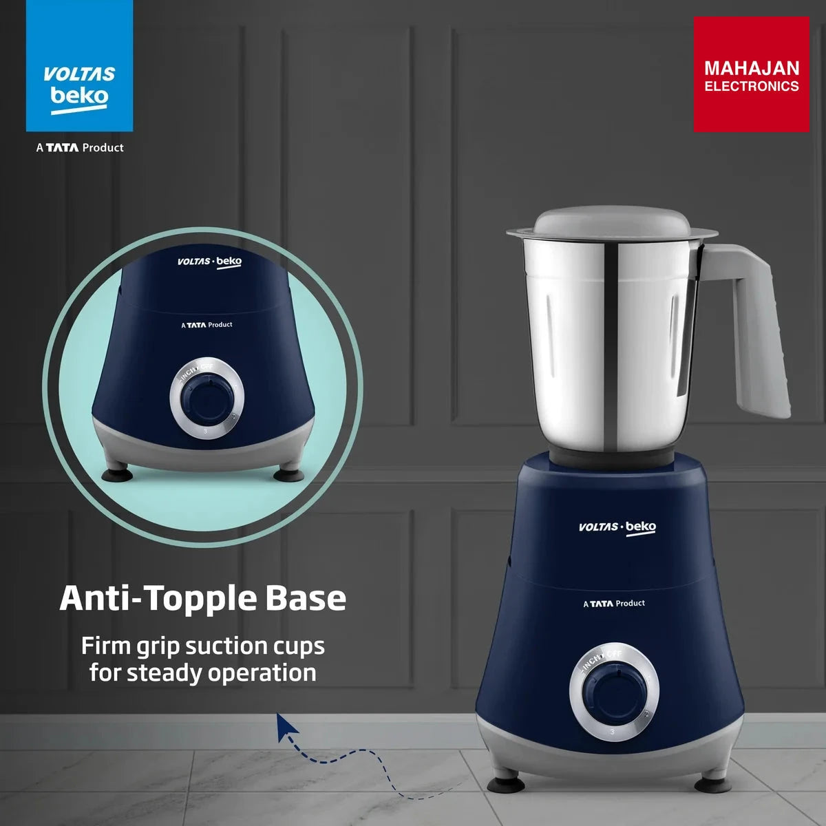 Voltas Beko 500W Mixer Grinder (G5003HP-DB, Blue) | 3 Jars | 20,000 RPM | Stainless Steel Blades | Compact Design- Online Mahajan Electronics