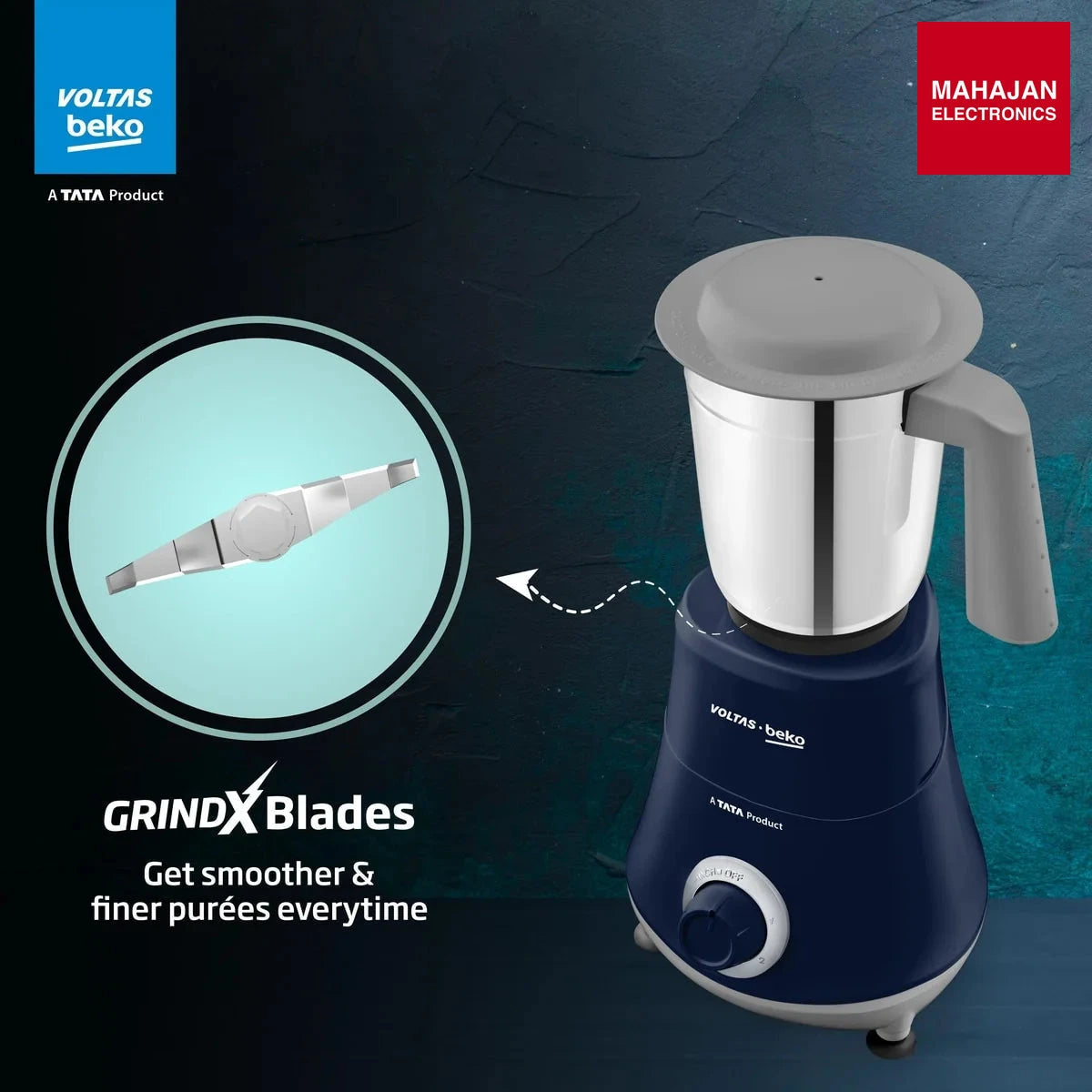 Voltas Beko G5003HP-DB 500W mixer grinder, blue, 3 jars and stainless steel blades โ Mahajan Electronics Online.