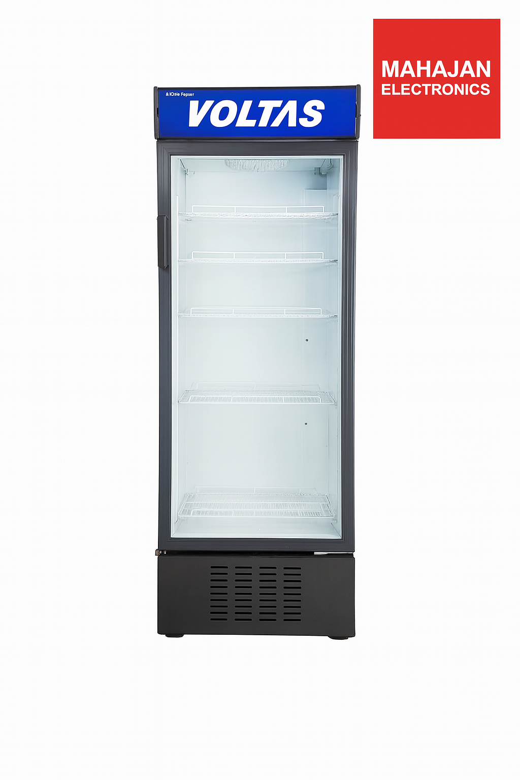 Glass door refrigerator with Voltas branding on a white background