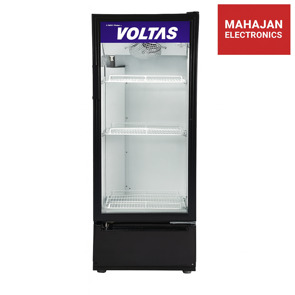 Black refrigerator with Voltas and Mahajan Electronics branding on a white background