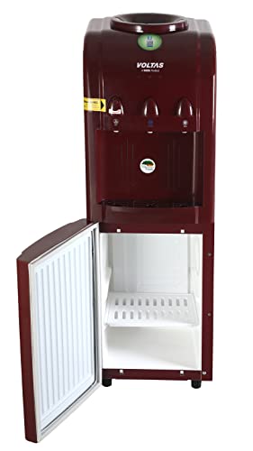 Voltas Mini Magic Pearl RR Floor Standing Water Dispenser – Hot, Cold & Normal with 20L Cooling Cabinet, Safety Lock, LED Indicators (Maroon, Made in India)