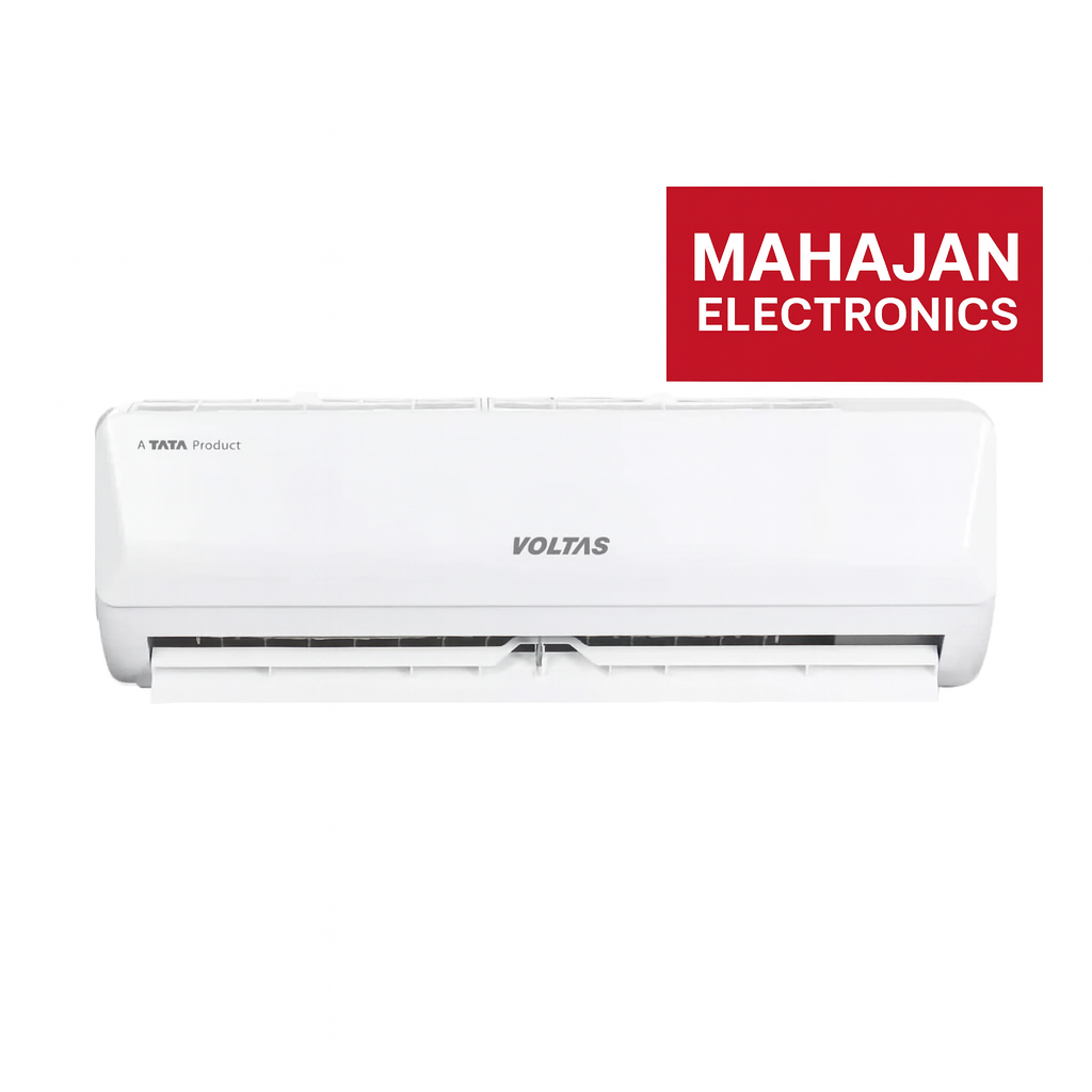 White Voltas air conditioner with Mahajan Electronics logo on a white background