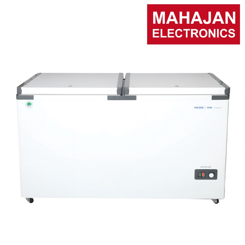 White freezer with Mahajan Electronics logo on a white background