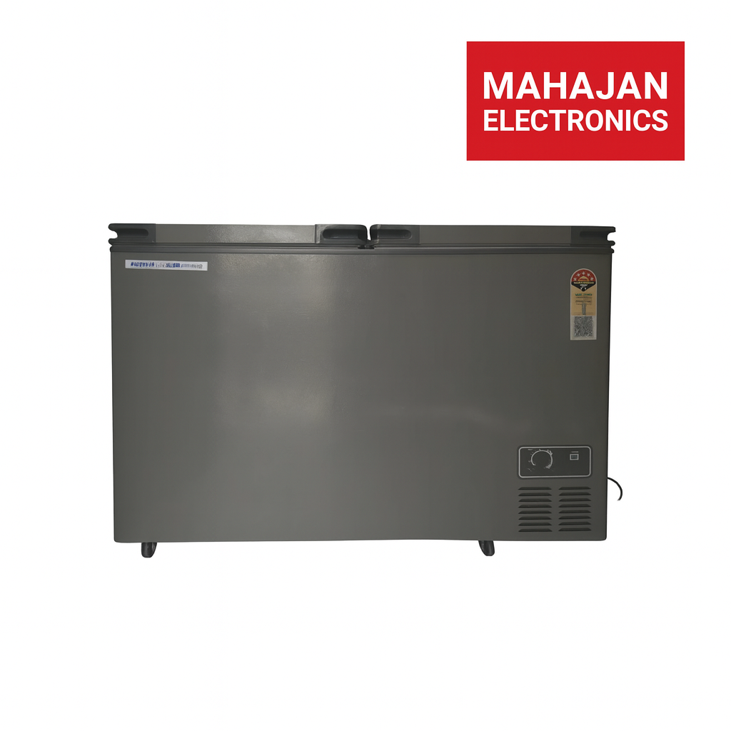 Stainless steel freezer with Mahajan Electronics logo on a white background