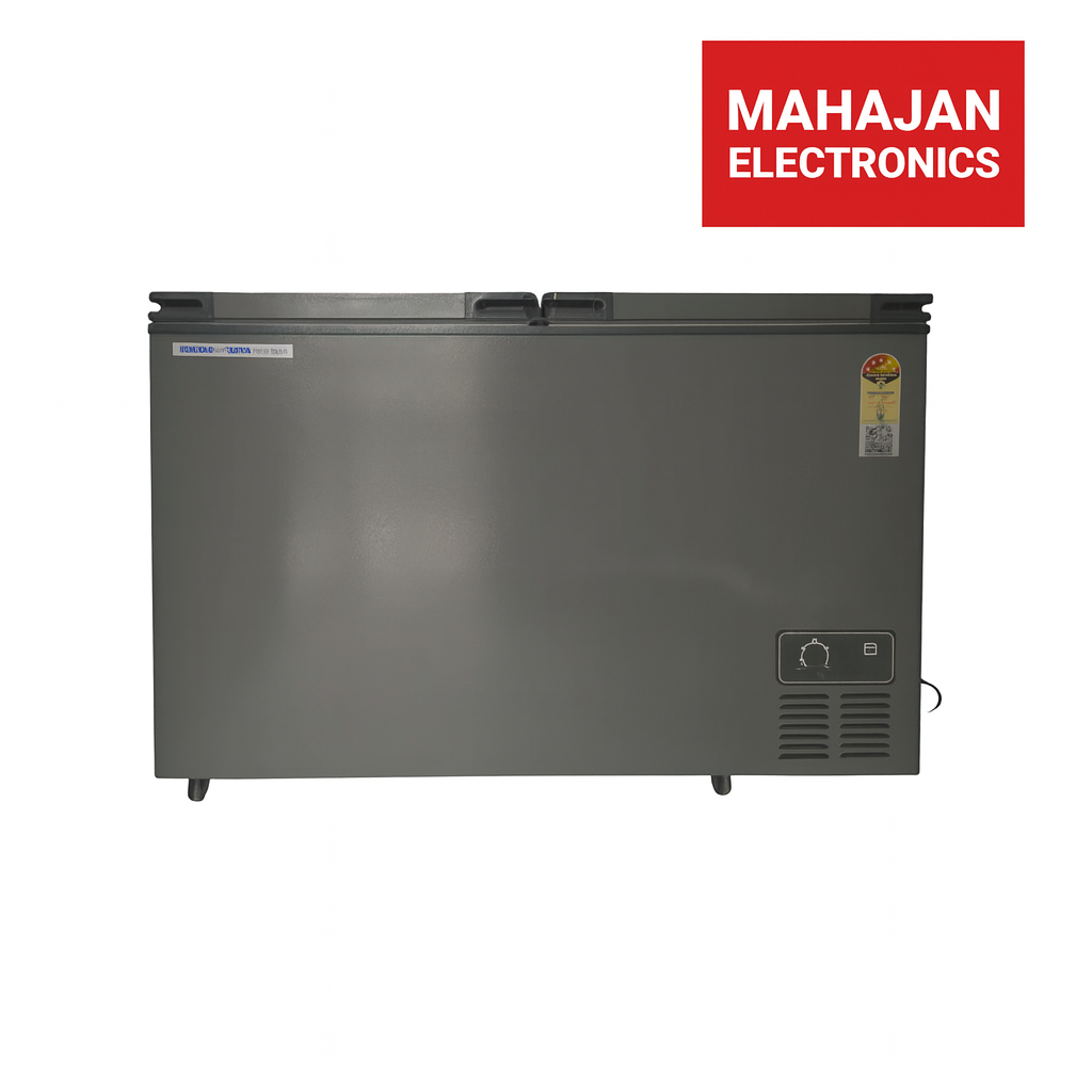 Black chest freezer with Mahajan Electronics logo on a white background