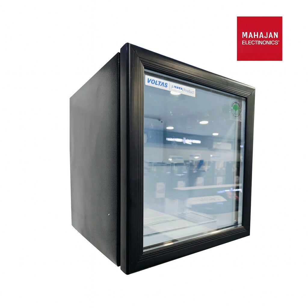 Black glass-fronted refrigerator with Voltas logo on a white background, featuring Mahajan Electronics brand.