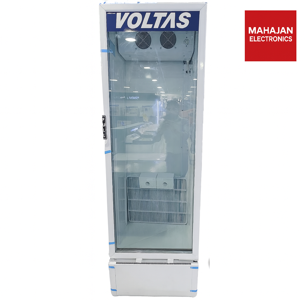 VOLTAS refrigerator with MAHAJAN ELECTRONICS logo on a white background