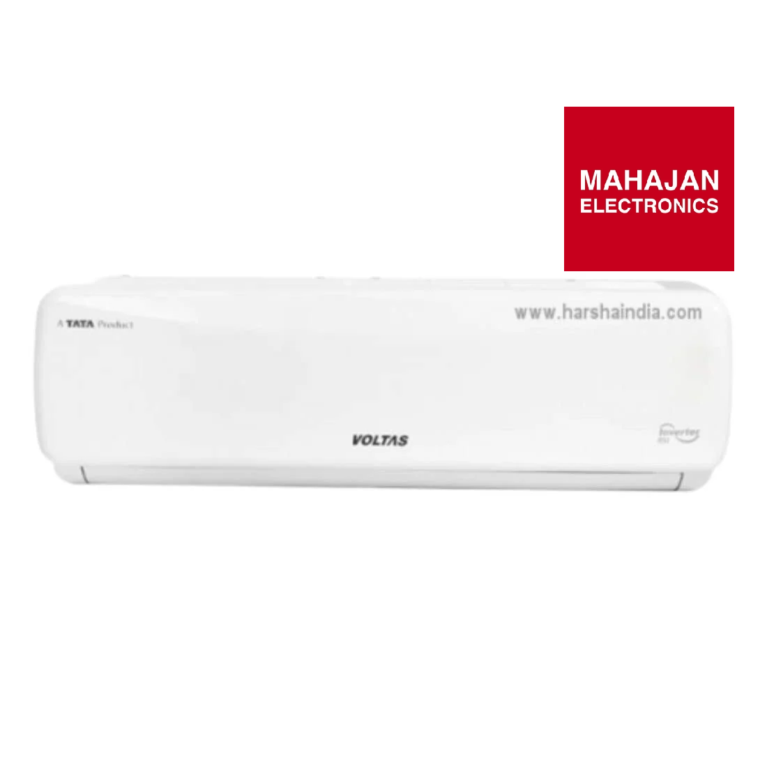 White Voltas air conditioner with Mahajan Electronics logo on a white background
