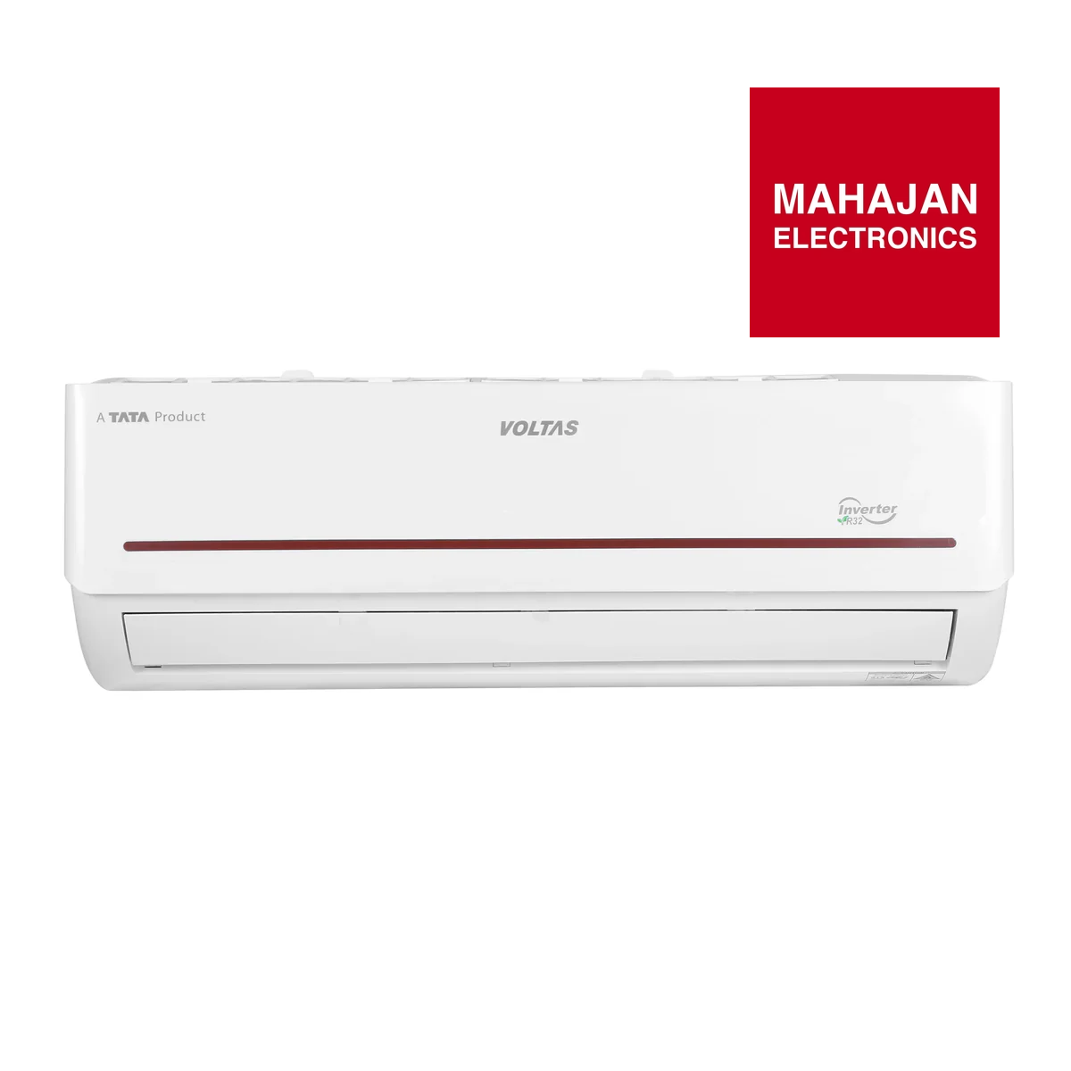 White Voltas air conditioner with Mahajan Electronics logo on a white background