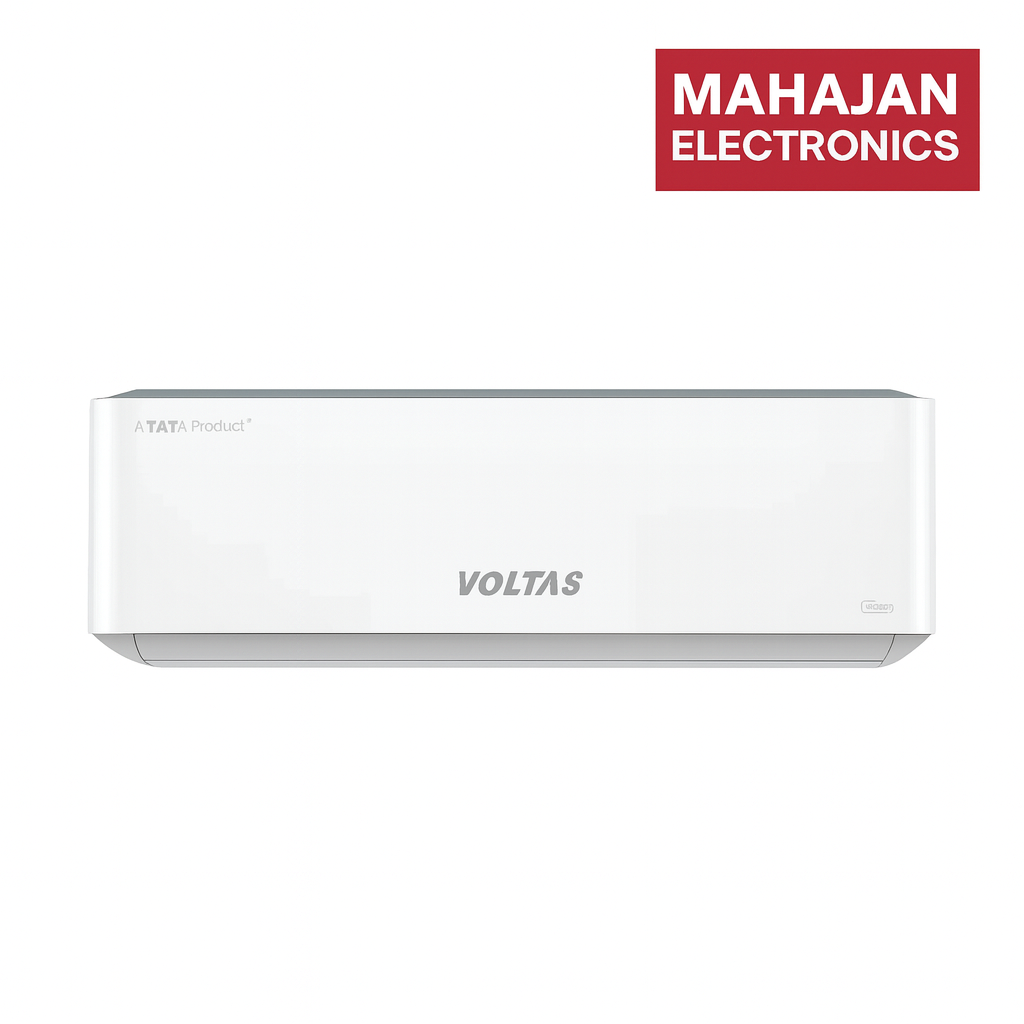 White Voltas air conditioner with Mahajan Electronics logo on a white background
