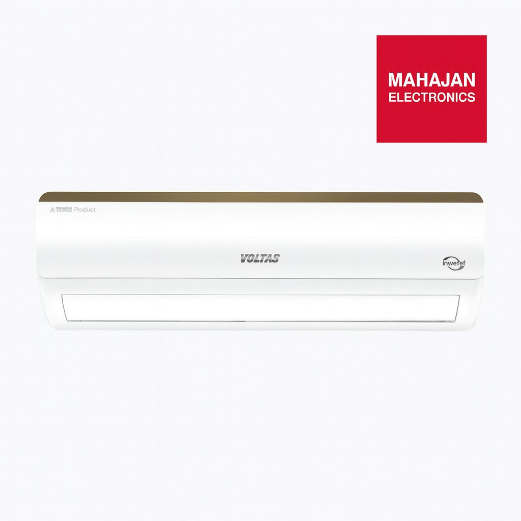 White air conditioner with Voltas and Inverter branding on a white background, featuring Mahajan Electronics logo.