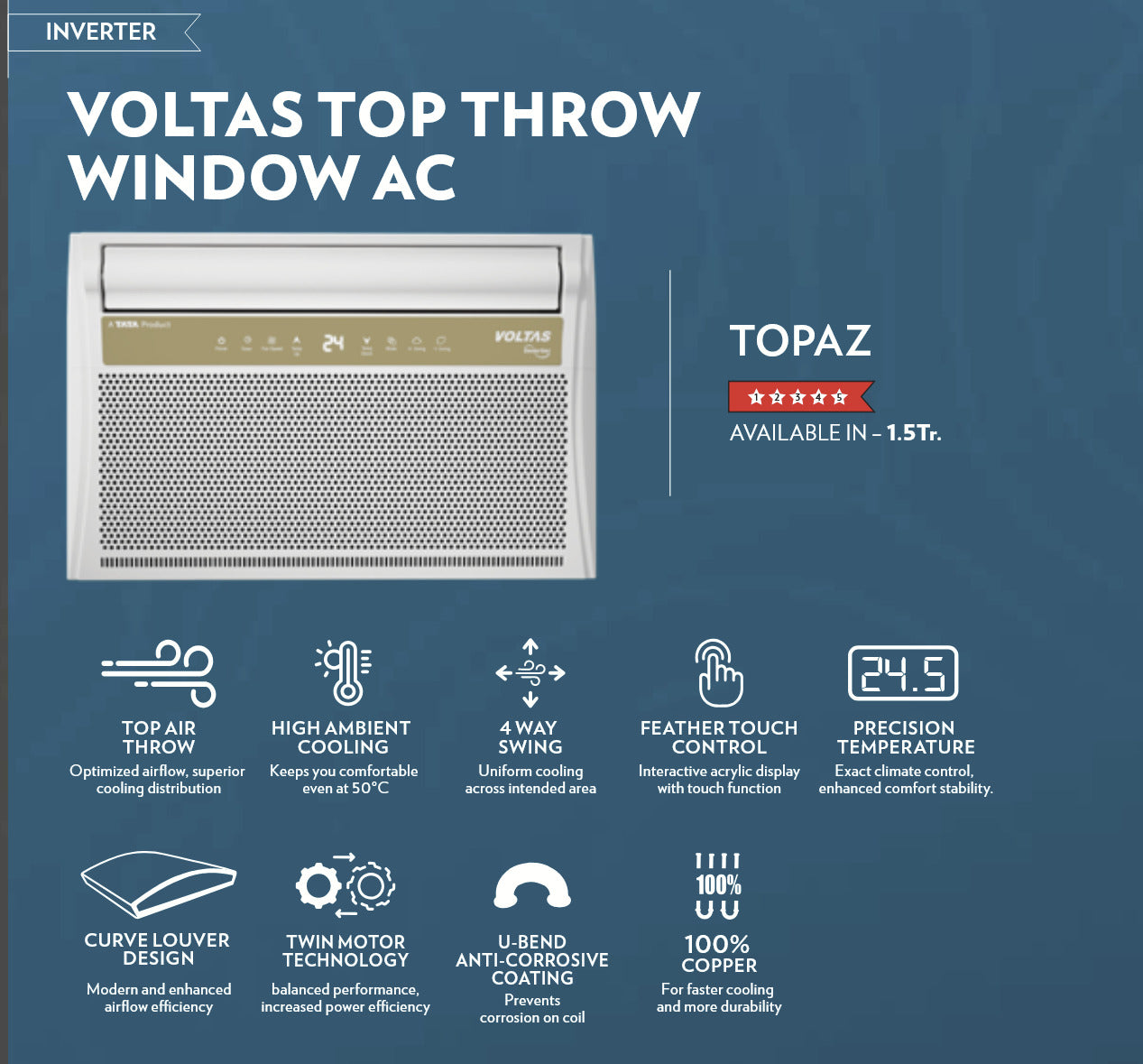 Voltas 185V Vertis Topaz 1.5 Ton 5 Star Inverter Window AC – Copper Condenser, R32 Refrigerant, High Ambient Cooling, Made in India