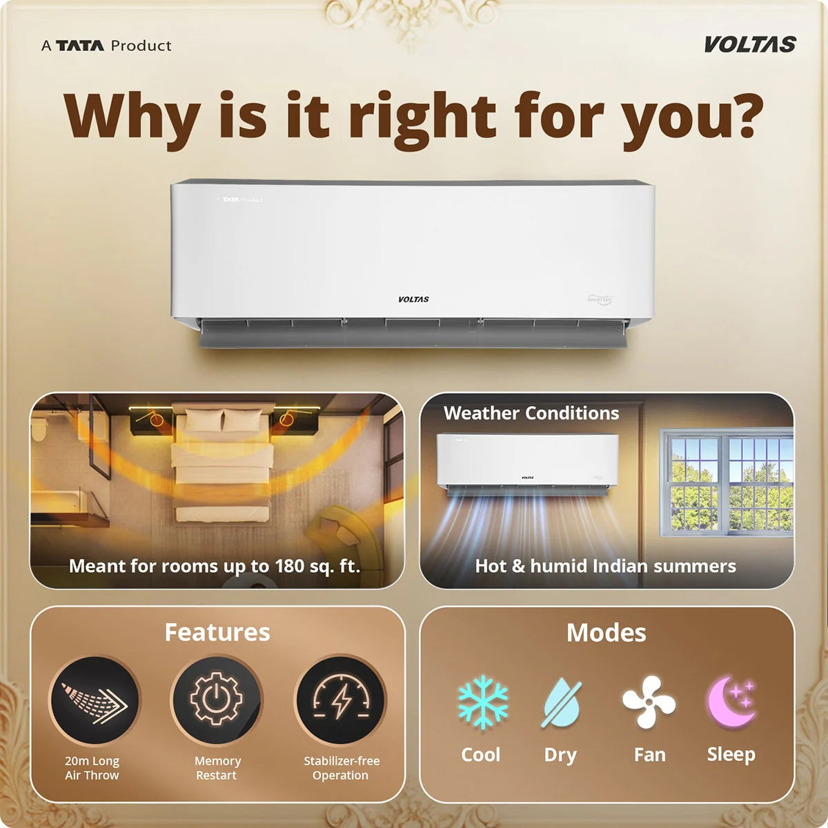 Voltas 243Inv Venus Luxe Adjustable Inverter AC (2026 Series) Heavy-Duty 1.5 Ton, 3 Star Split Ac-Online Mahajan Electronics