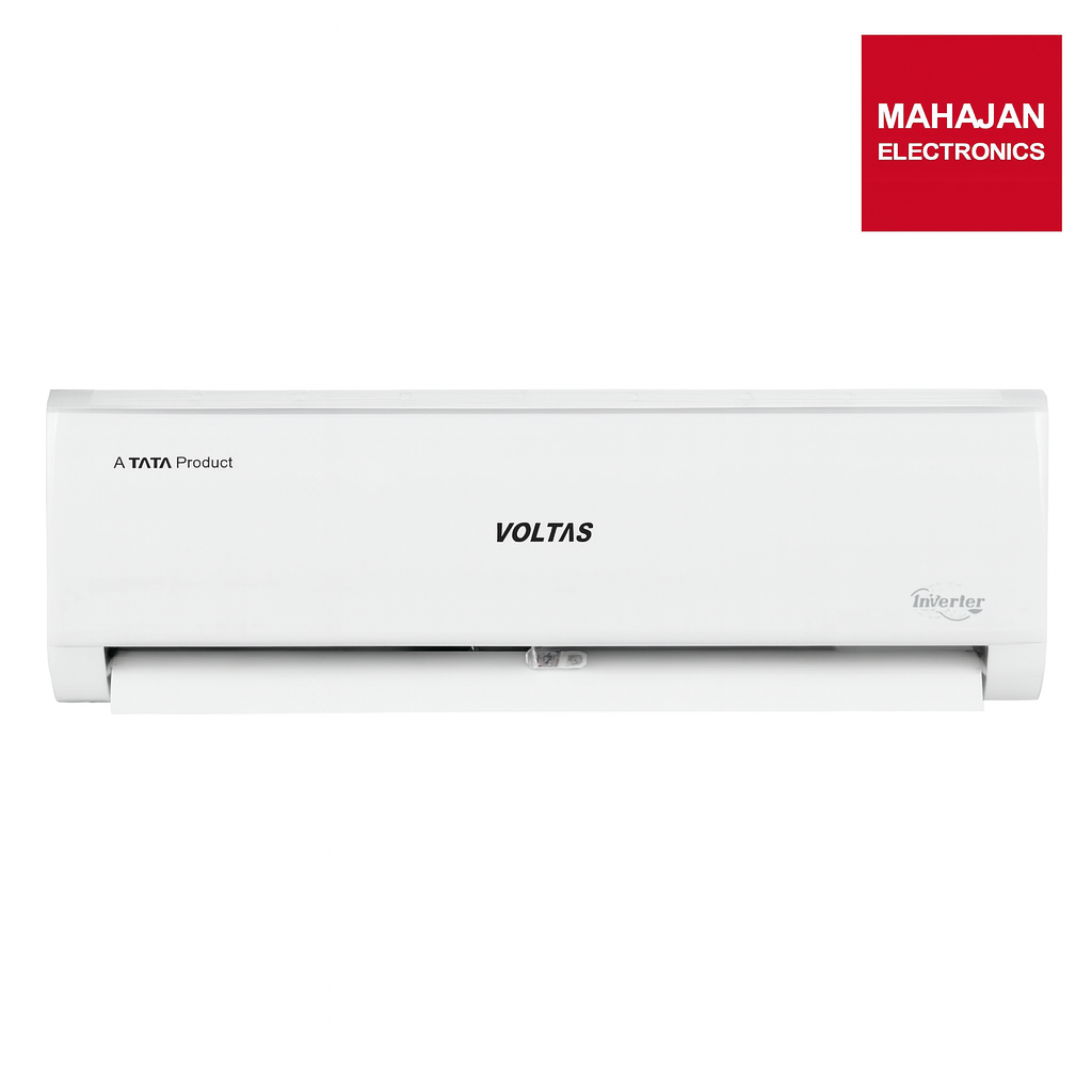 White Voltas air conditioner with Tata and Mahajan Electronics logos on a white background