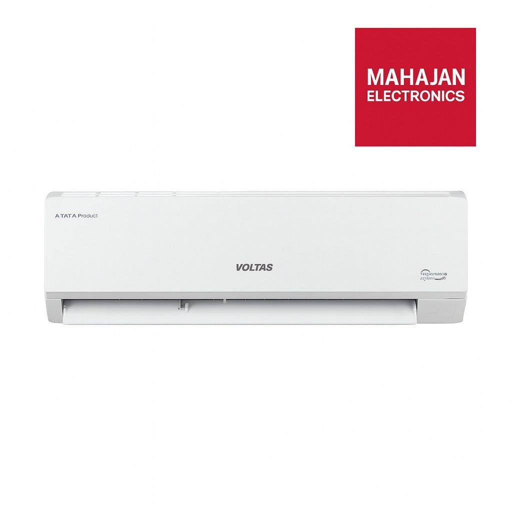 White air conditioner with Voltaas logo on a white background, featuring Mahajan Electronics logo.