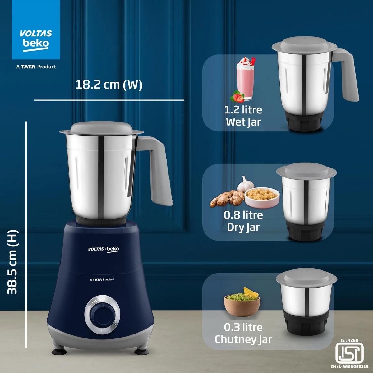 Voltas Beko 500W Mixer Grinder (G5003HP-DB, Blue) | 3 Jars | 20,000 RPM | Stainless Steel Blades | Compact Design- Online Mahajan Electronics