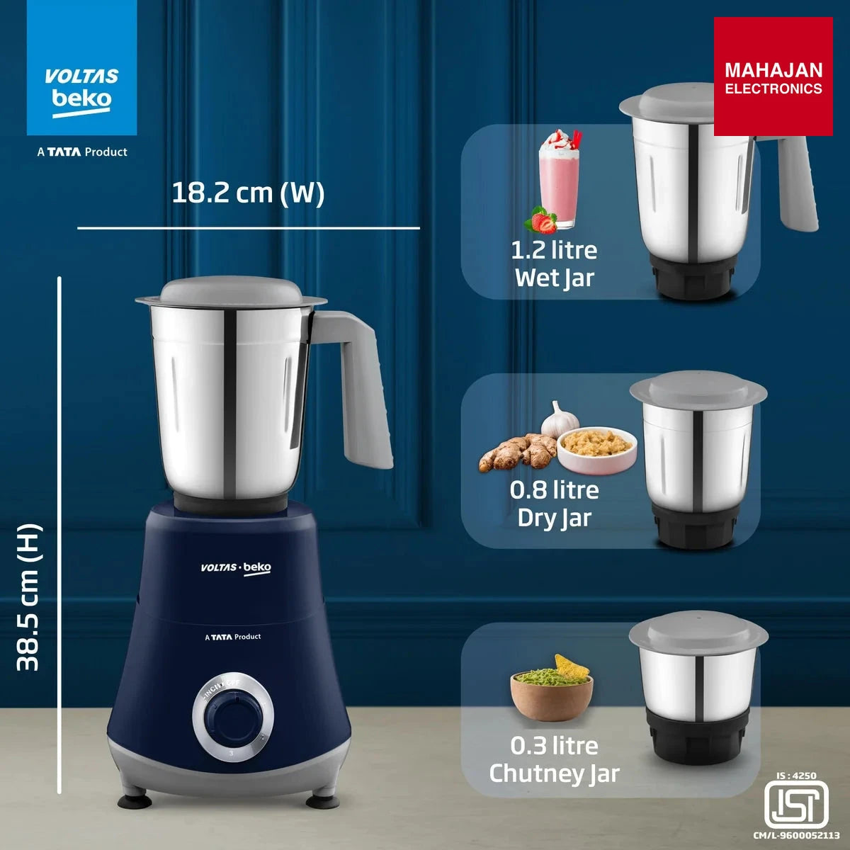 Voltas Beko G5003HP-DB 500W mixer grinder, blue, 3 jars and stainless steel blades โ Mahajan Electronics Online.
