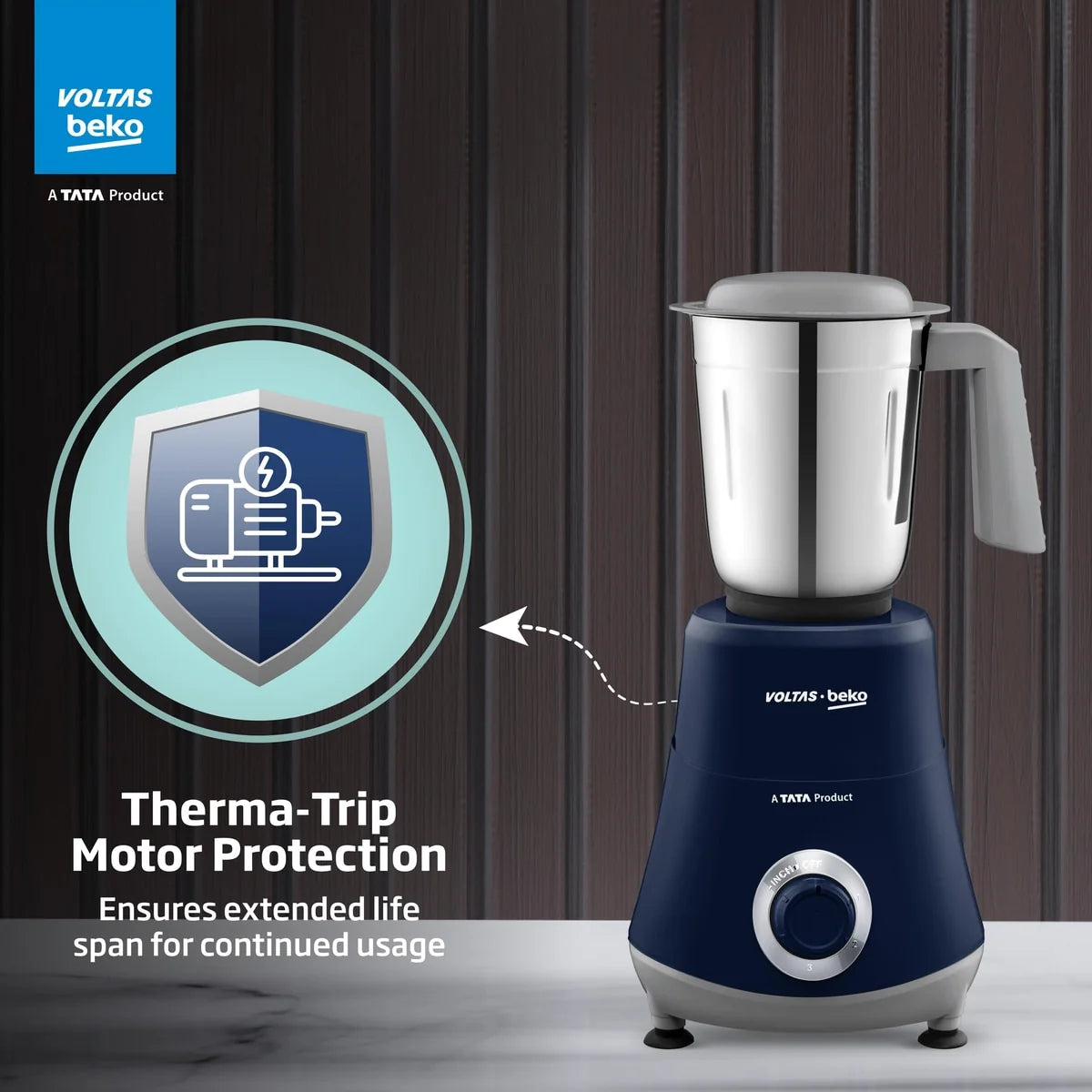 Voltas Beko 500W Mixer Grinder (G5003HP-DB, Blue) | 3 Jars | 20,000 RPM | Stainless Steel Blades | Compact Design- Online Mahajan Electronics