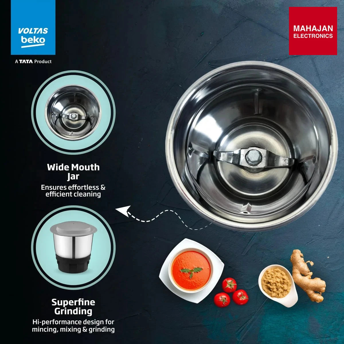 Voltas Beko G5003HP-DB 500W mixer grinder, blue, 3 jars and stainless steel blades โ Mahajan Electronics Online.