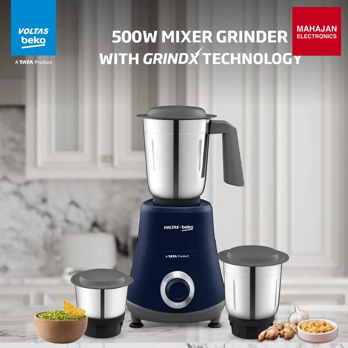 Voltas Beko G5003HP-DB 500W mixer grinder, blue, 3 jars and stainless steel blades โ Mahajan Electronics Online.