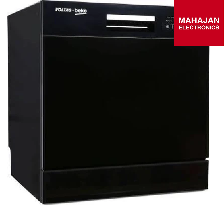 Black dishwasher with Voltas Beko branding on a white background