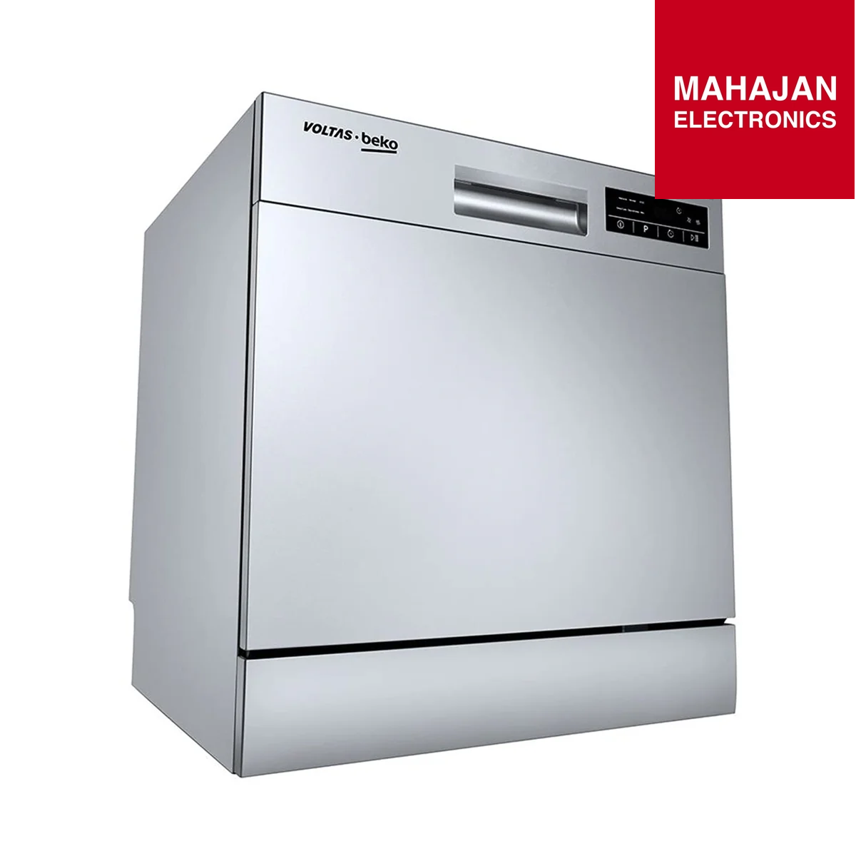 Stainless steel dishwasher with Voltsá-Beko branding on a white background, featuring the Mahajan Electronics logo.
